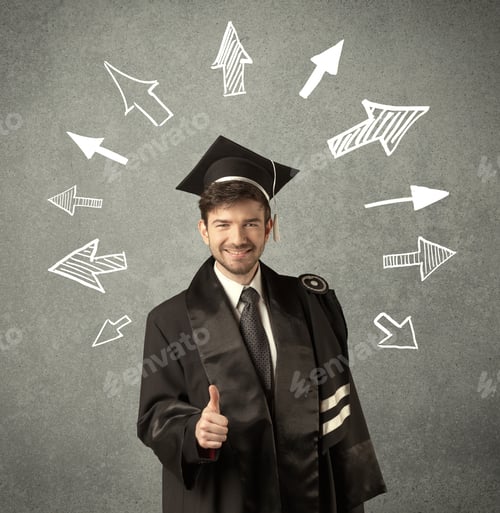 Preview: Young Graduate Student With Hand Drawn Arrows On Wall