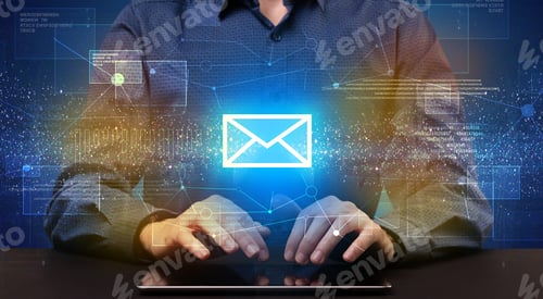 Preview: Businessman In Suit Typing With Communication, Mailing Concept Around