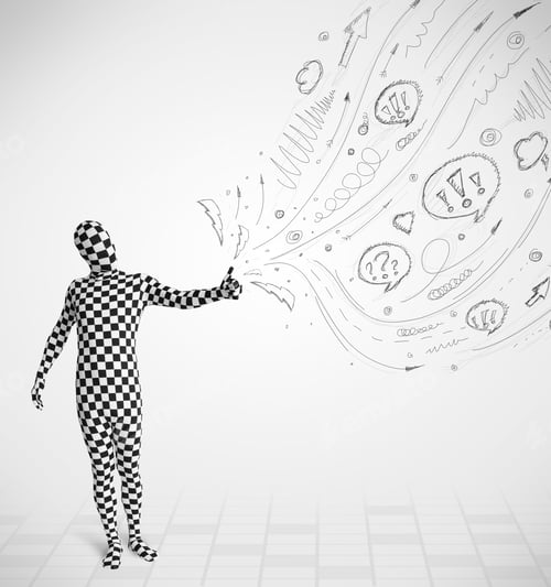 Preview: Funny Guy In Body Suit Morphsuit Looking At Sketches And Doodles