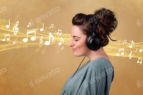 Preview: Pretty Young Woman Listening To Music, Notes Concept