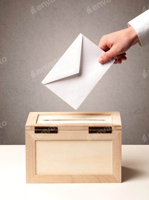 Preview: Ballot Box With Person Casting Vote On Blank Voting Slip, Grungy Background