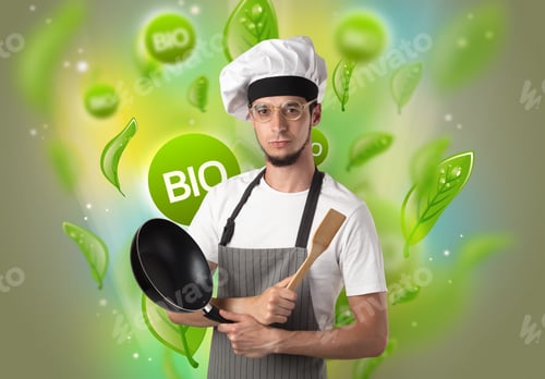 Preview: Green Bio Leaves Concept And Cook Portrait With Kitchen Tools