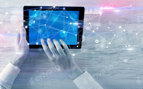 Preview: Hand Using Tablet With Linking Graphs Charts Report And Informational Flow Concept