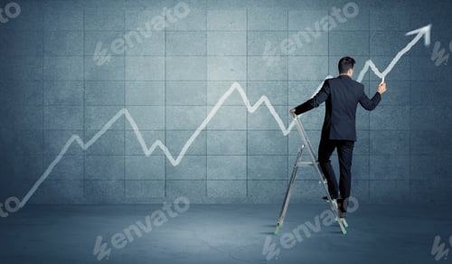 Preview: A Man Standing On A Ladder And Drawing A Chart On Blue Wall Background With Exponential Progressing