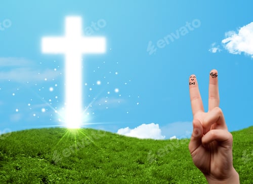 Preview: Happy Finger Smiley Faces On Hand With Christian Religion Cross
