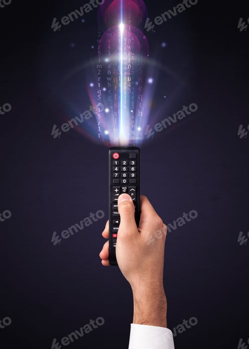 Preview: Hand Holding A Remote Control, Shining Numbers And Letters Coming Out Of It