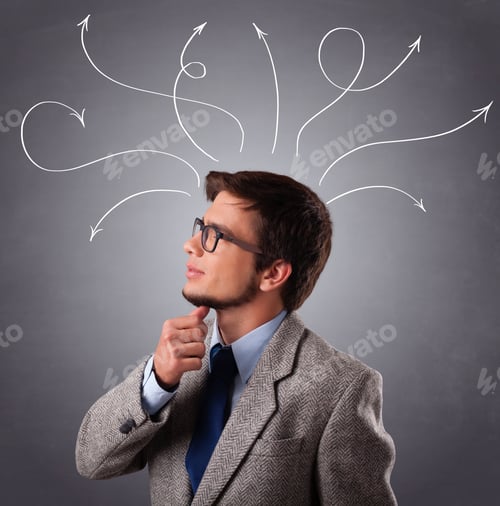 Preview: Attractive Young Man Thinking With Arrows Overhead