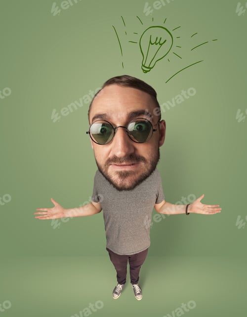 Preview: Funny Person With Big Head And Drawn Idea Bulb Over It