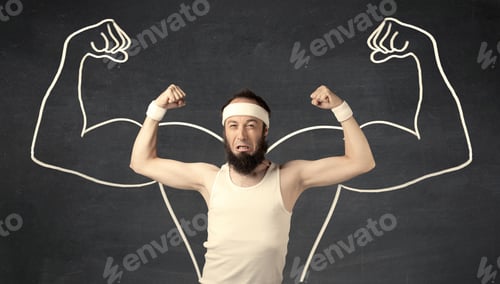 Preview: A Young Male With Beard And Glasses Posing In Front Of Grey Background, Thinking About Lifting