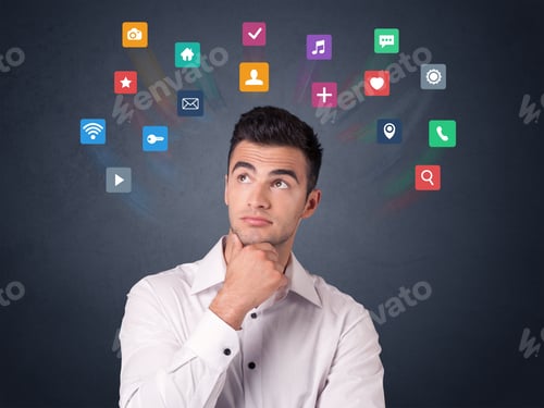 Preview: Young Casual Businessman With Colorful Applications Over His Head