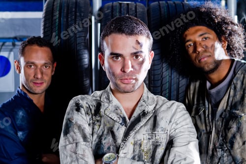 Preview: Group Of Mechanics Working At A Garage And Smiling