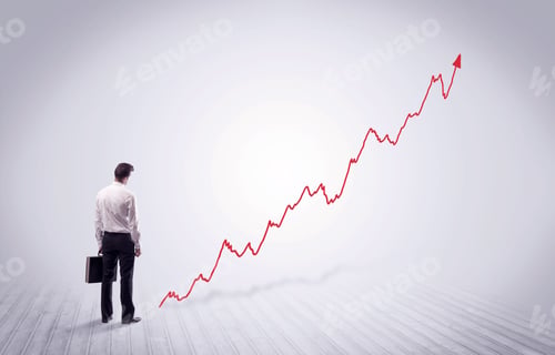 Preview: Elegant Business Person Standing With His Back Looking At Growing Graph Chart In Space Concept