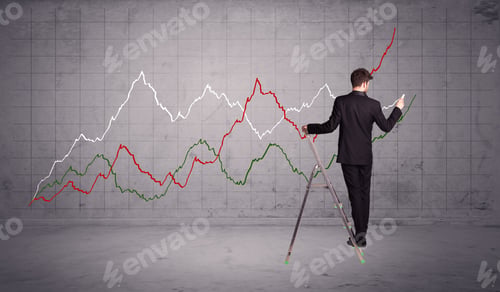 Preview: A Guy In Modern Suit Standing On A Small Ladder And Drawing A Chart On Grey Wall Background With