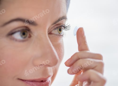 Preview: Close Up Of An Attractive Mature Lady Putting On Contact Lenses In Her Green Eyes