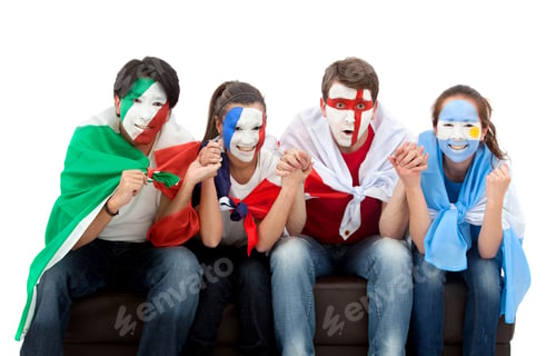 Preview: Patriotic Group Of People From Different Countries And Flags Painted On Their Faces Watching