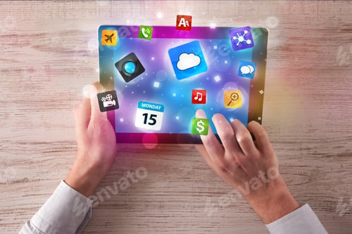 Preview: Caucasian Business Hands Holding And Working On Tablet