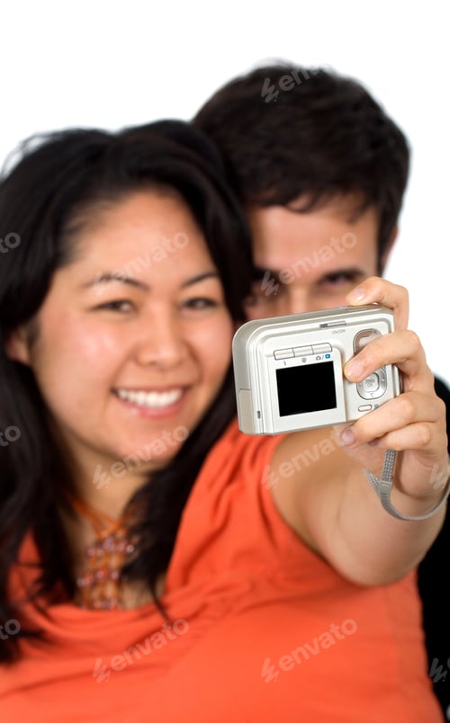 Preview: Couple Taking A Self Portrait - Over A White Background
