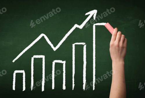 Preview: A Grown Up'S Hand Drawing Chart With Exponentially Growing Arrow On Green Chalkboard