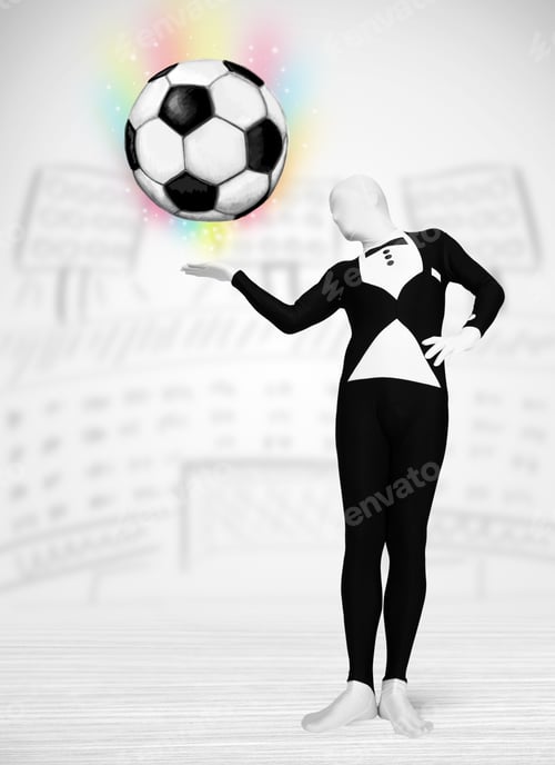 Preview: Funny Man In Full Body Suit Holdig Soccer Ball