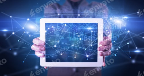 Preview: Elegant Hand Holding Tablet With Virtual Database And Network Concept