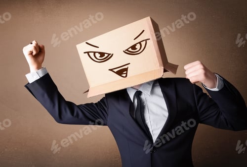 Preview: Businessman Standing And Gesturing With A Cardboard Box On His Head With Evil Face
