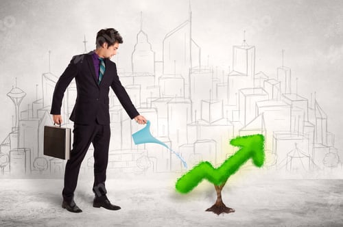 Preview: Business Man Watering Green Plant Arrow Concept On Background