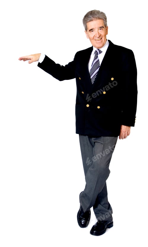 Preview: Confident Senior Business Full Body Portrait With His Hand On Something - Isolated Over A White