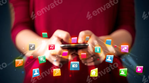 Preview: Man Holding Smartphone With Technology Application Icons Comming Out