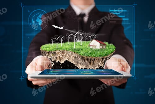 Preview: Young Businessman Presenting A Perfect Ecology Land With A House And Windmills