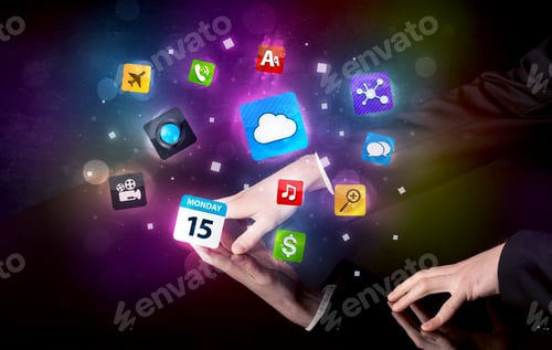 Preview: Male Hands Touching Interactive Table With Colorful Application Icons On It