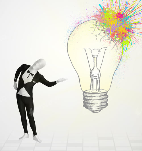 Preview: 3D Human Character Is Body Suit Morphsuit Looking At Abstract Colorful Lightbulb