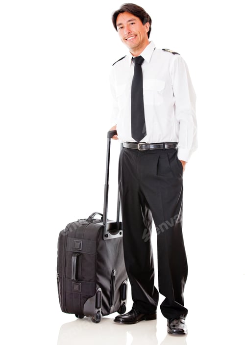 Preview: Handsome Male Pilot With A Bag - Isolated Over A White Background