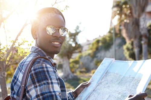 Preview: Outdoor Summer Portrait Of Handsome Happy Afro American Tourist Wearing Stylish Round Sunglasses