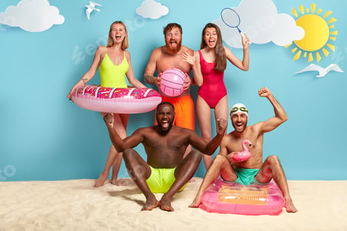 Preview: People, Recreation And Summer Concept. Overjoyed Mixed Race Friends Clench Fists, Have Fun And Play