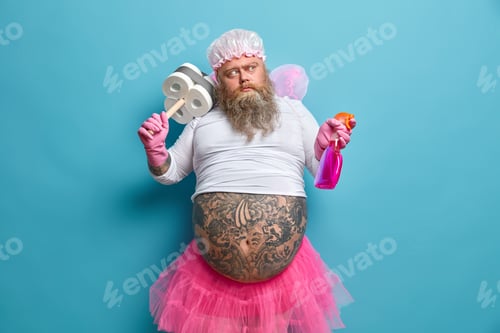 Preview: Photo Of Thoughtful Bearded Man Dressed Like Fairy Works In Cleaning Service Thinks What To Clean