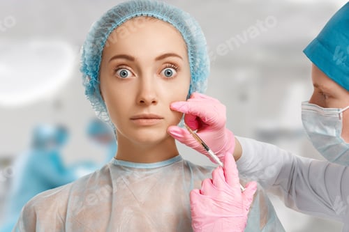 Preview: Portrait Of Scared And Shocked Young Caucasian Woman Getting Cosmetic Injection In Face With