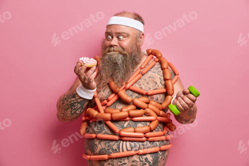 Preview: Never Enough Food. Fat Greedy Man Cannot Deny Eating Sweet Appetizing Doughnut, Trains Muscles With