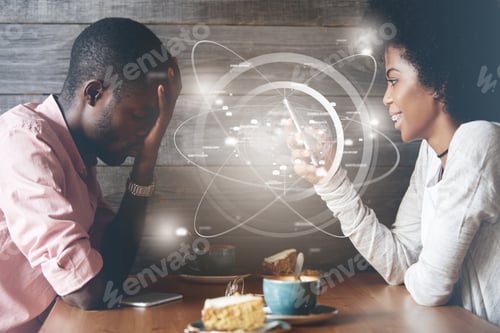 Preview: Internet Addicted Young Dark Skinned Woman Sitting With Happy Smile In Front Of Her Angry