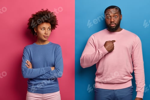 Preview: Image Of Dissatisfied Afro American Woman Feels Offended After Dispute With Husband, Keeps Hands