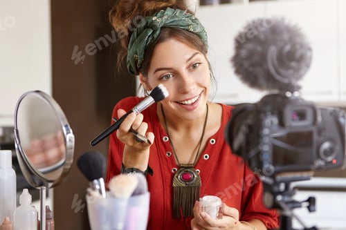 Preview: People, Commercial And Modern Technologies Concept. Pretty Young Woman Advertises New Facial Cream