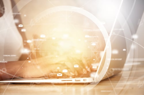 Preview: Worldwide Connection Interface. Visual Effects. African Female Entrepreneur Typing A Message Via