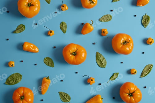 Preview: Shot Of Ripe Yellow Tomatoes, Paprika, Peppercorns And Green Leaves Of Basilic On Blue Background