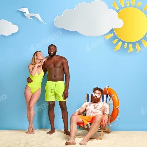 Preview: Beautiful Blonde Woman In Bathingsuit Stands Together With Black Boyfriend Embrace And Have