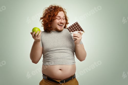 Preview: Junk Food, Unhealthy Lifestyle, People, Obesity And Gluttony Concept. Portrait Of Happy Fat Young