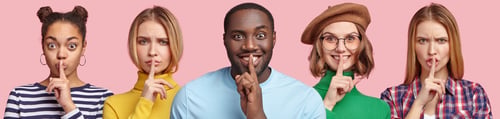 Preview: Horizontal Set Of Diverse Young People Demonstrate Hush Sign, Keeps Fore Finger On Lips, Have