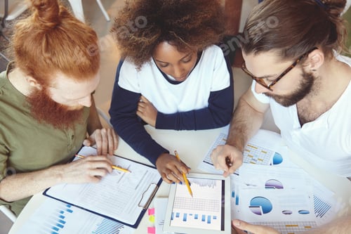 Preview: People Working In Team. Top View Of Partners Discussing Company'S Growth, Making Business Research