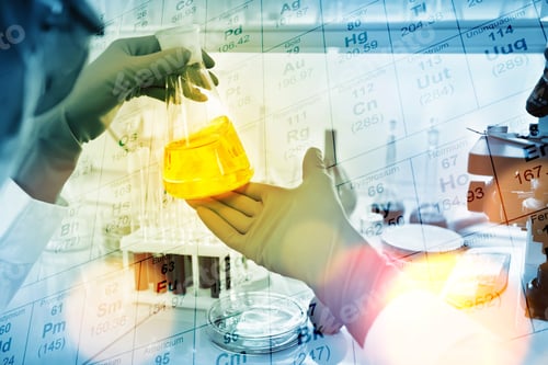 Preview: Researcher Is Dropping The Reagent Into Test Tube In Laboratory, With Chemical Table Background
