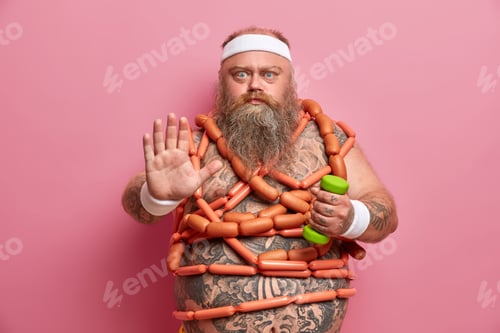 Preview: Plump Bearded Man Makes Stop Gesture, Refuses Eating Junk Food Any More, Worries About His Health
