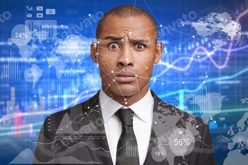 Preview: Surprised Male Enterpreneur Frowns Face In Bewilderment, Wears Formal Suit, Isolated Over Blue