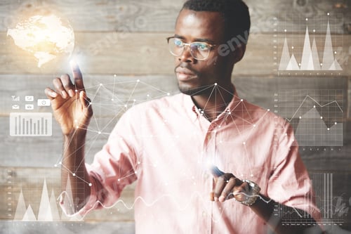 Preview: Attractive African Businessman Wearing Glasses Navigating Futuristic Interface Looking At The